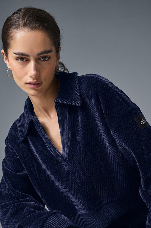 Cropped Cozy Day Henley Pullover - Navy