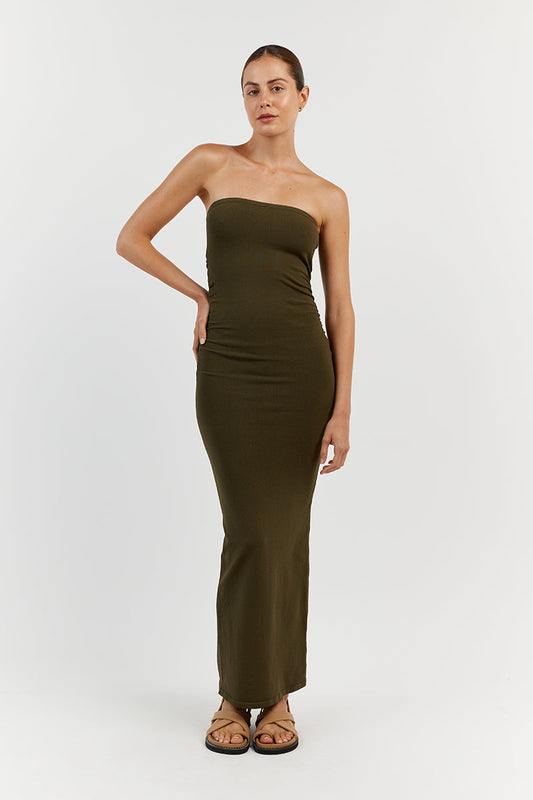 CARRIE OLIVE RUCHED MIDI DRESS Clothing DISSH Boutiques L OLIVE