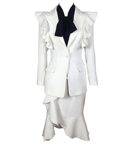 Crash Landing on You Seo Ji-hye Inspired Top and Skirt Set 002 - Full Set (Inner Black Top + White Outer Jacket + White Skirt) / XS / High