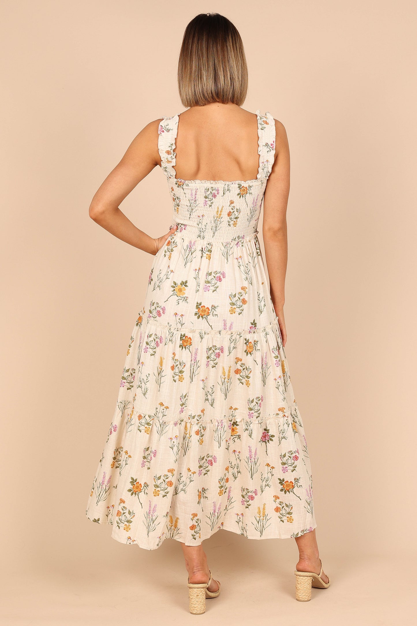 August Shirred Maxi Dress - Beige Floral