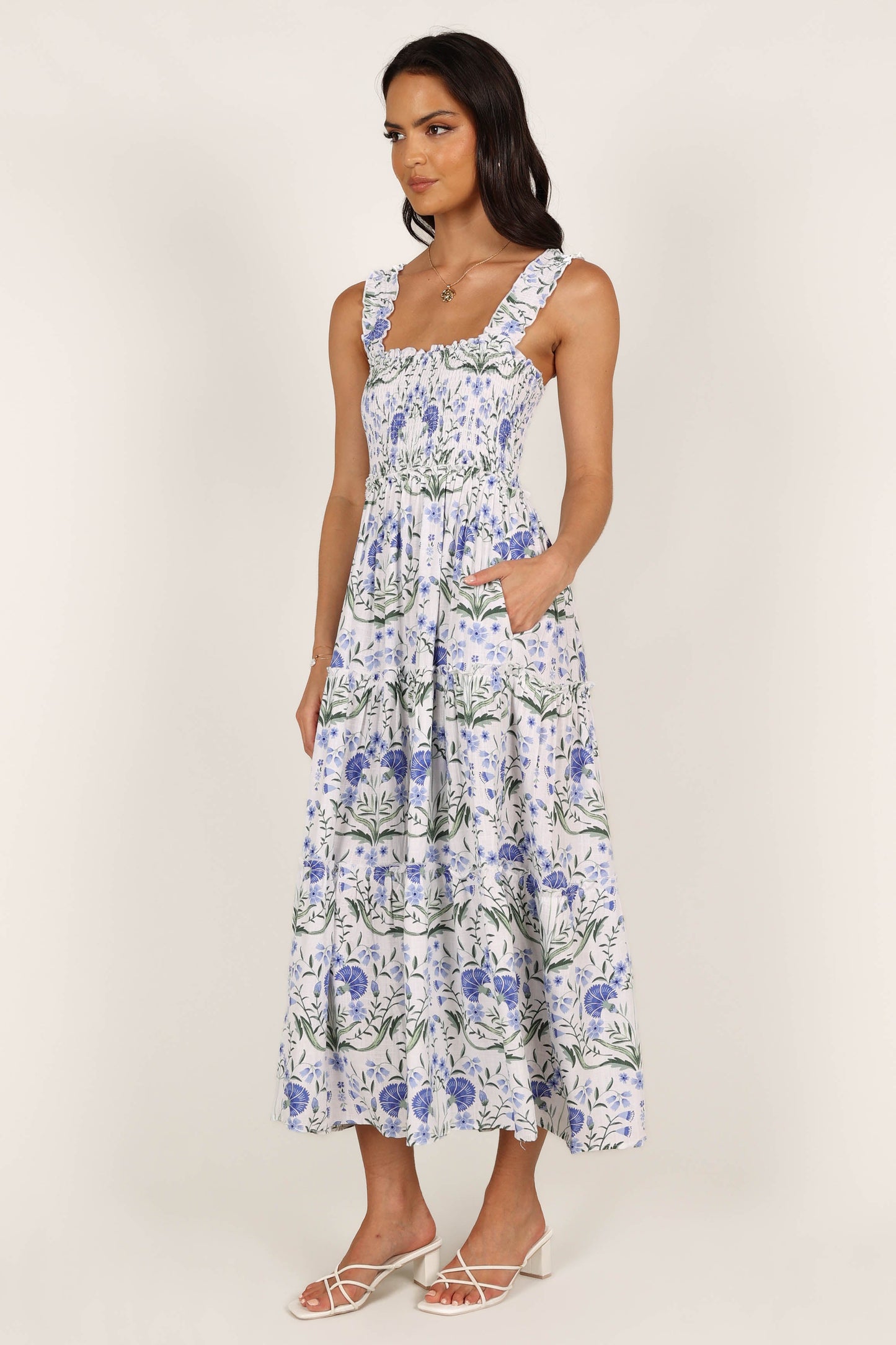 August Shirred Maxi Dress - Blue Floral