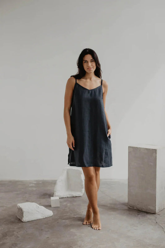 Zoe Linen Slip Dress Dresses AmourLinen S Charcoal